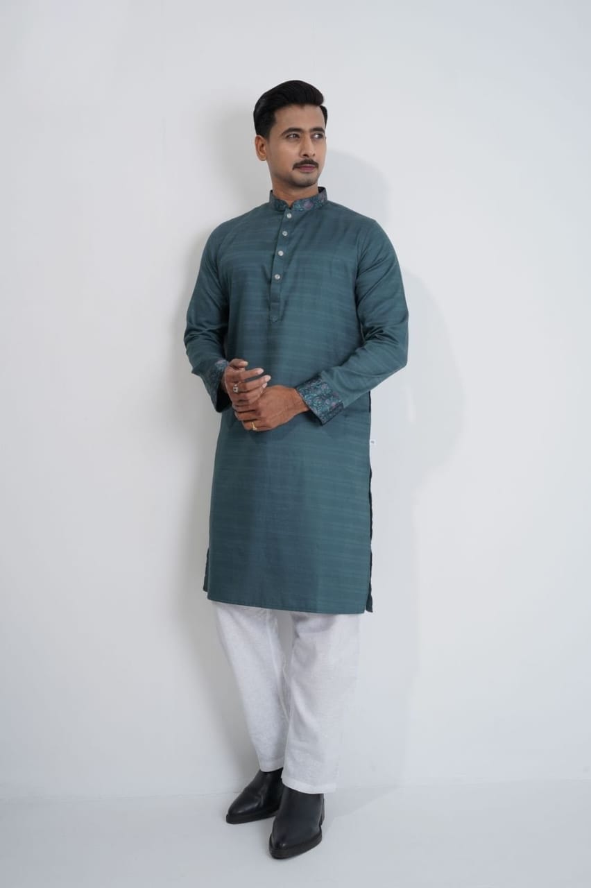 47921989-9996-4544-b32d-16a0a71cf3a4 Premium Quality Indian Fancy Cotton Panjabi For Mens - Blue - Image 1