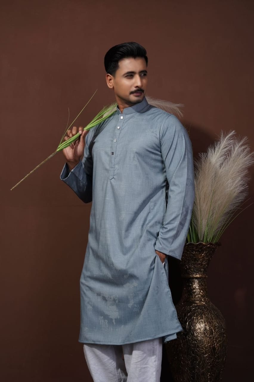 79a47b94-4901-42f6-93ce-c908405e28d4 Premium Quality China bamboo Fabric Panjabi For Mens - Dust Blue - Image 1