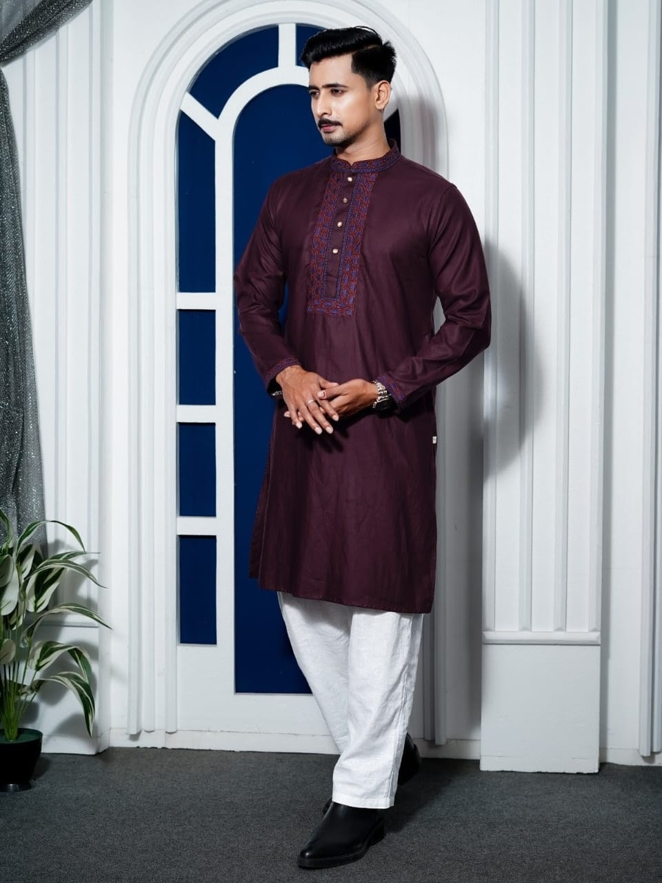 a2c4dd15-5d26-4549-abc1-bd8b0c139a47 Premium Quality Indian Slub Cotton Panjabi For Mens - Deep Purple - Image 1