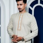 Premium Quality Indian Slub Cotton Panjabi For Mens - Khaki white