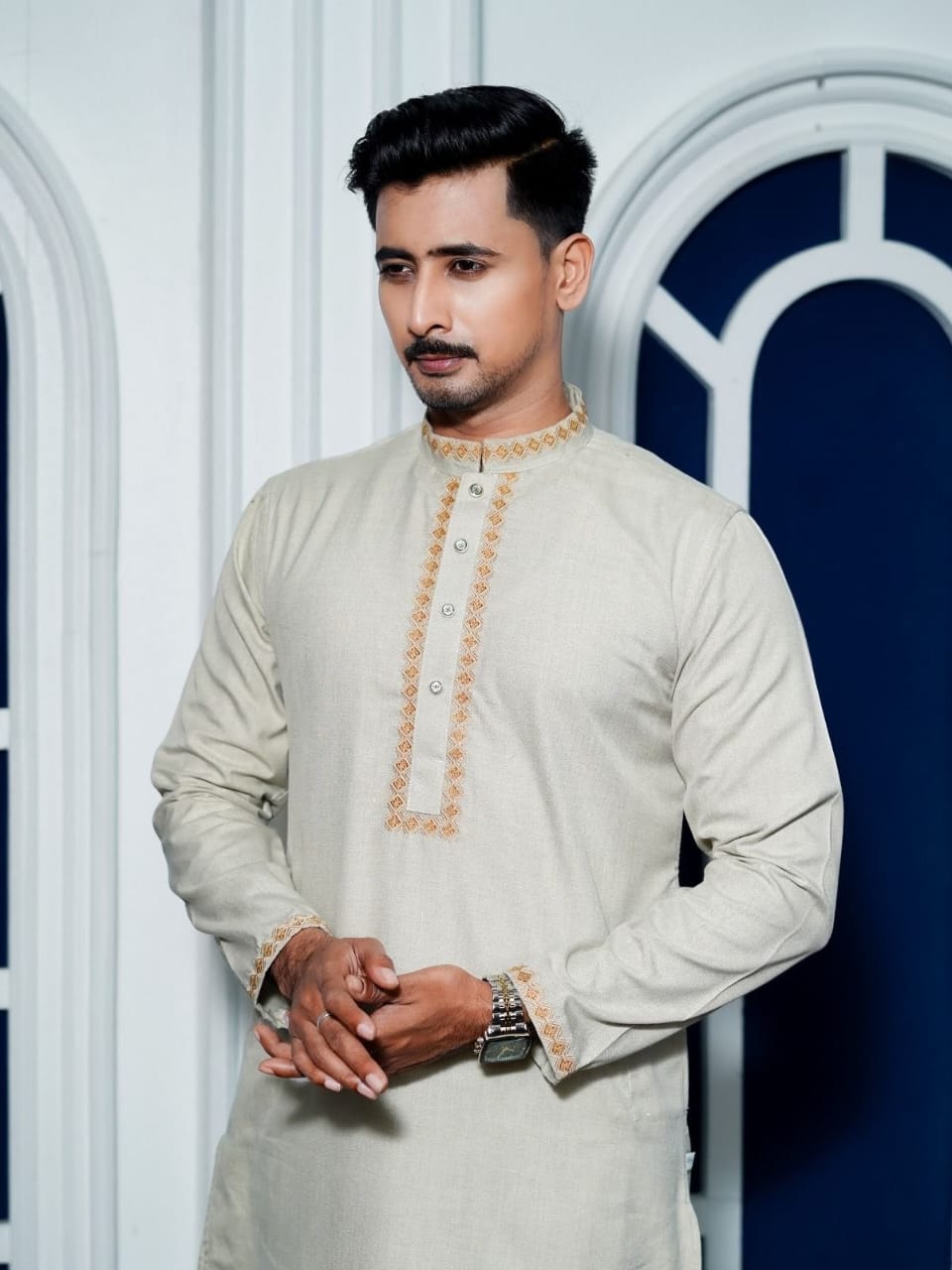 c708d175-7c75-489f-970d-53d26099d06f Premium Quality Indian Slub Cotton Panjabi For Mens - Khaki white - Image 1